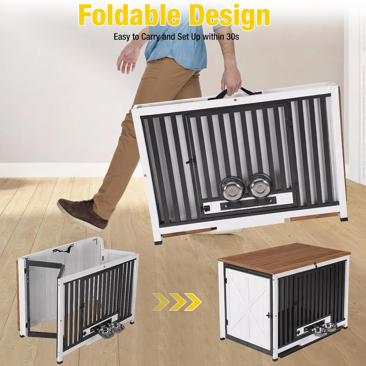 Dog Crate Furniture Foldable Side End Table Expandable Solid Wood Dog Kennel with 360° Rotatable Dog Bowls Indoor Cage, No Assembly Needed (Right Door Removable)