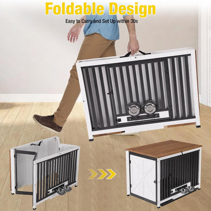 Dog Crate Furniture Foldable Side End Table Expandable Solid Wood Dog Kennel with 360° Rotatable Dog Bowls Indoor Cage, No Assembly Needed (Right Door Removable)