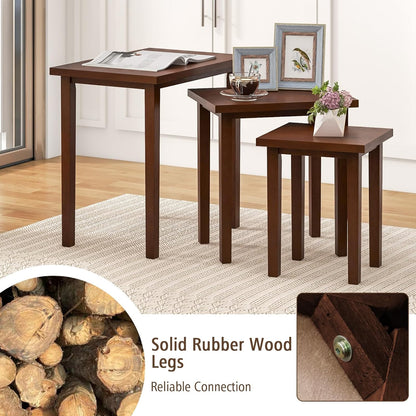 Nesting Tables Set of 3, Farmhouse Stacking Side Table with Rubber Legs, Wooden Rectangle Accent End Table, Nesting Coffee Tables for Living Room Bedroom (Walnut)