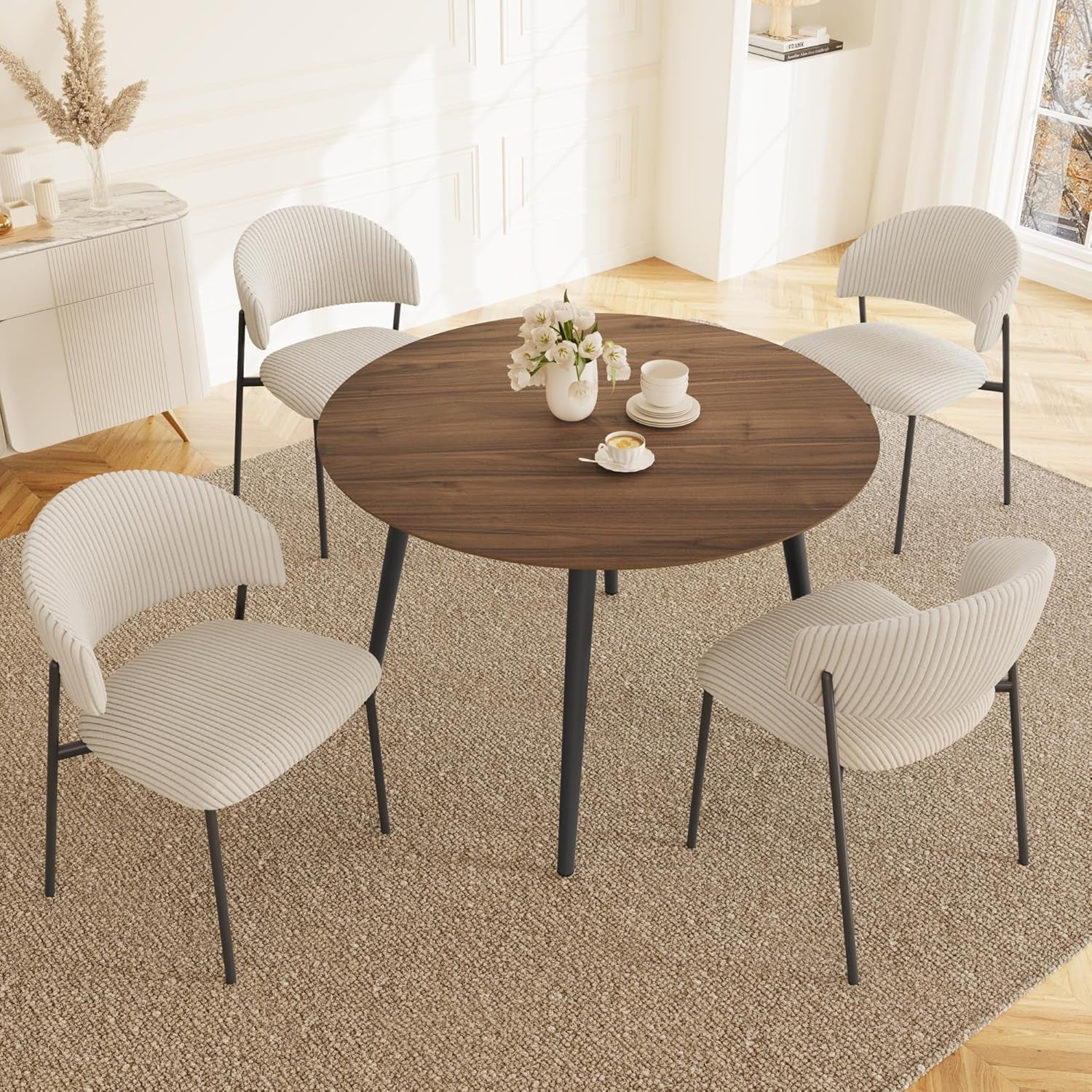43.3 Inch round Dining Table Set for 4, Modern Small Kitchen Coffee Set for Dining Room Kitchen Apartment (Walnut Table + 4 White Shell Chairs)