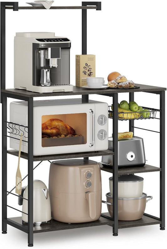 Baker'S Rack, Microwave Stand, Kitchen Storage Rack with Wire Basket, 6 Hooks, and Shelves, for Spices, Pots, and Pans, Charcoal Gray and Ink Black UKKS035B04