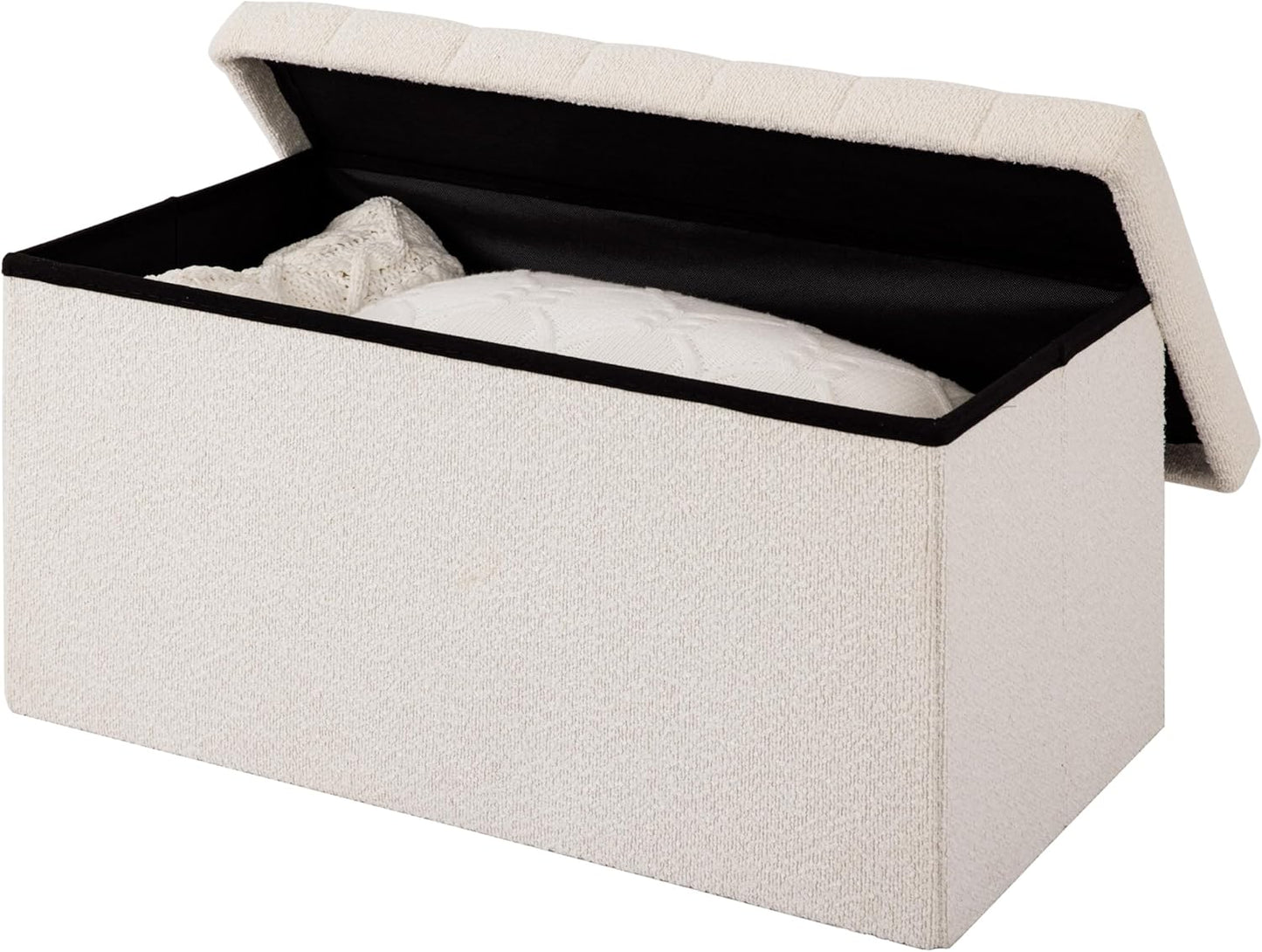 Cushioned Fabric Ottoman Hidden Storage Chest Footrest Chair, Padded Seat for Bedroom, Dorm, Loft, Living Room, Entryway, Hallway, White Boucle, 30" Bench