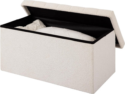 Cushioned Fabric Ottoman Hidden Storage Chest Footrest Chair, Padded Seat for Bedroom, Dorm, Loft, Living Room, Entryway, Hallway, White Boucle, 30" Bench