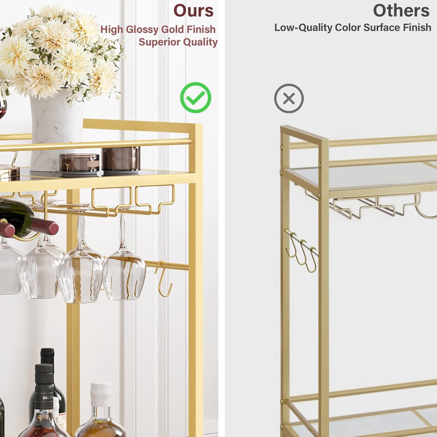 Bar Cart, Serving Cart for Home, Drink Cart, Mobile Kitchen Shelf with Wine Rack and Glass Holder, Rolling Beverage Cart, Gold BC01BB031