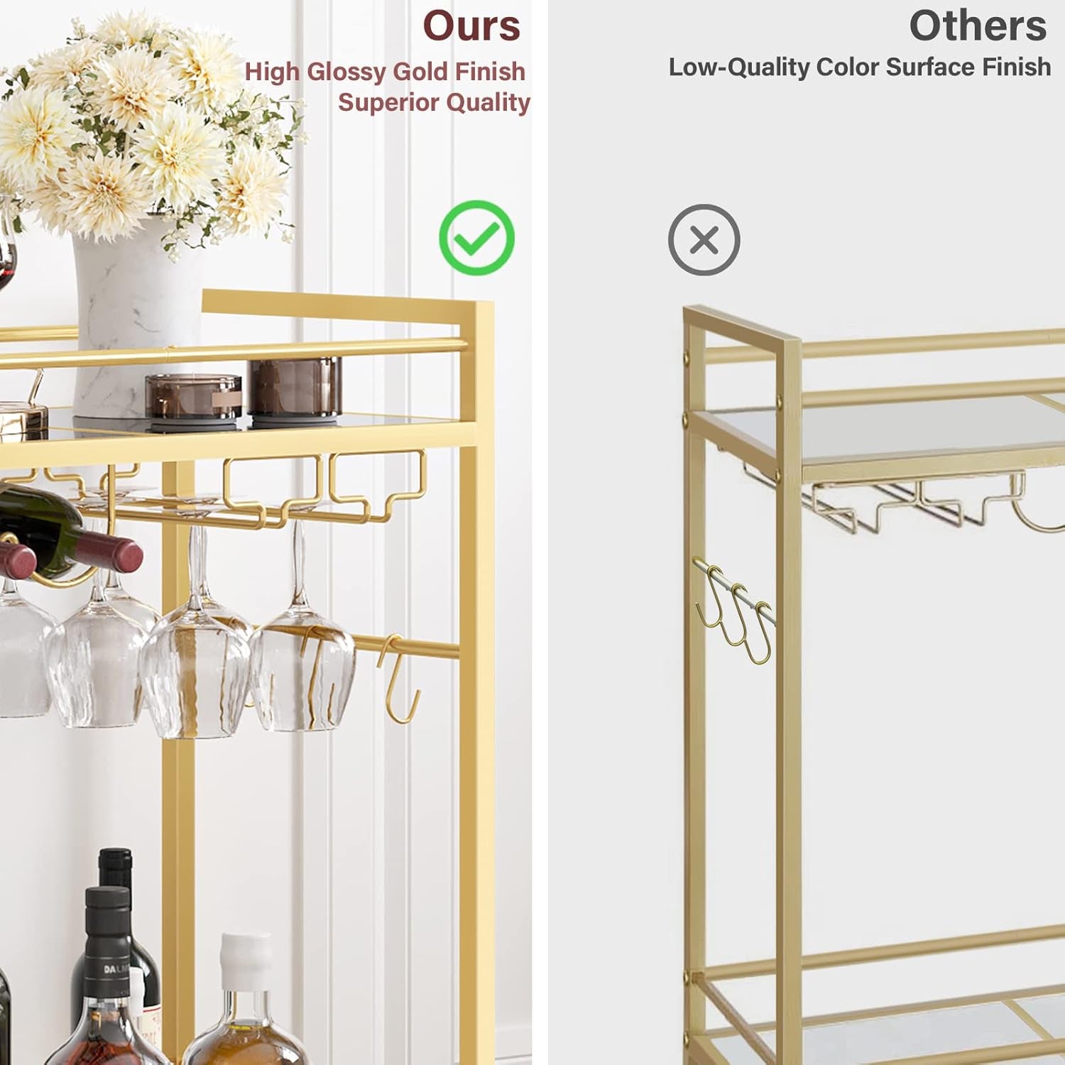Bar Cart, Serving Cart for Home, Drink Cart, Mobile Kitchen Shelf with Wine Rack and Glass Holder, Rolling Beverage Cart, Gold BC01BB031