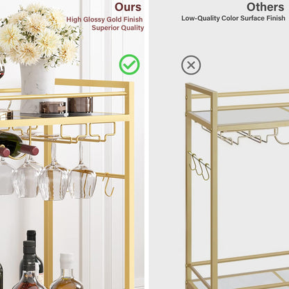 Bar Cart, Serving Cart for Home, Drink Cart, Mobile Kitchen Shelf with Wine Rack and Glass Holder, Rolling Beverage Cart, Gold BC01BB031