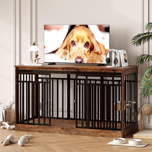 55" Large Dog Crate Furniture TV Stand - Heavy Duty Metal & Wood Dog Cage Table Kennel with Sliding Door and Food Bowl for Extra Large or Medium Dogs, Indoor Living Room Rustic Brown