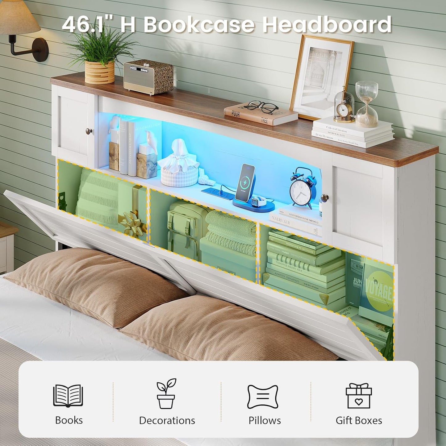 Farmhouse Bed Frame Full Size with Bookcase and Storage Cabinets Headboard, Wood Platform Bed with LED Lights, Charging Station, 4 Drawers, Decoration Footboard, No Box Spring Needed, White