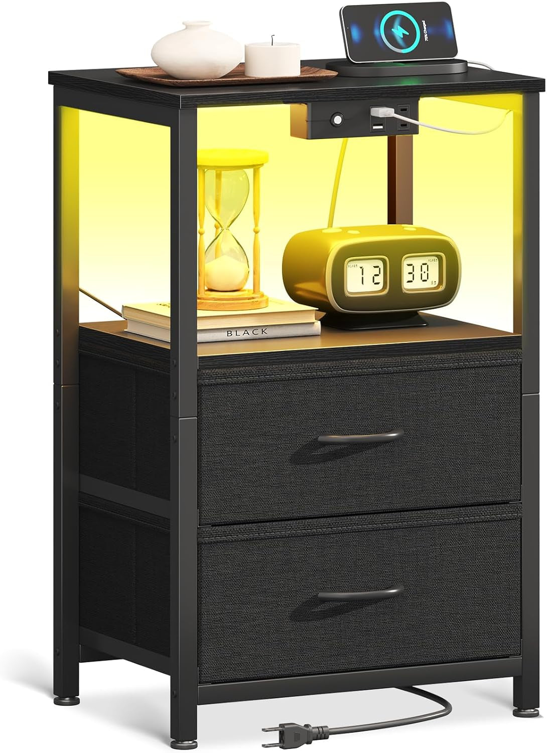 Night Stand with Charging Station and LED Lights, End Table for Bedroom with 2 Fabric Drawers, Small Nightstand with Storage Shelf, Bed Side Bedside Table, Black