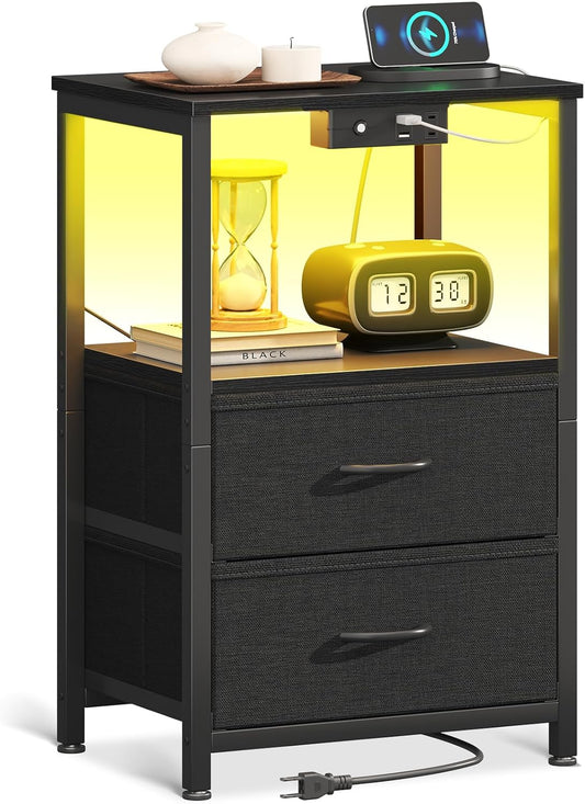 Night Stand with Charging Station and LED Lights, End Table for Bedroom with 2 Fabric Drawers, Small Nightstand with Storage Shelf, Bed Side Bedside Table, Black