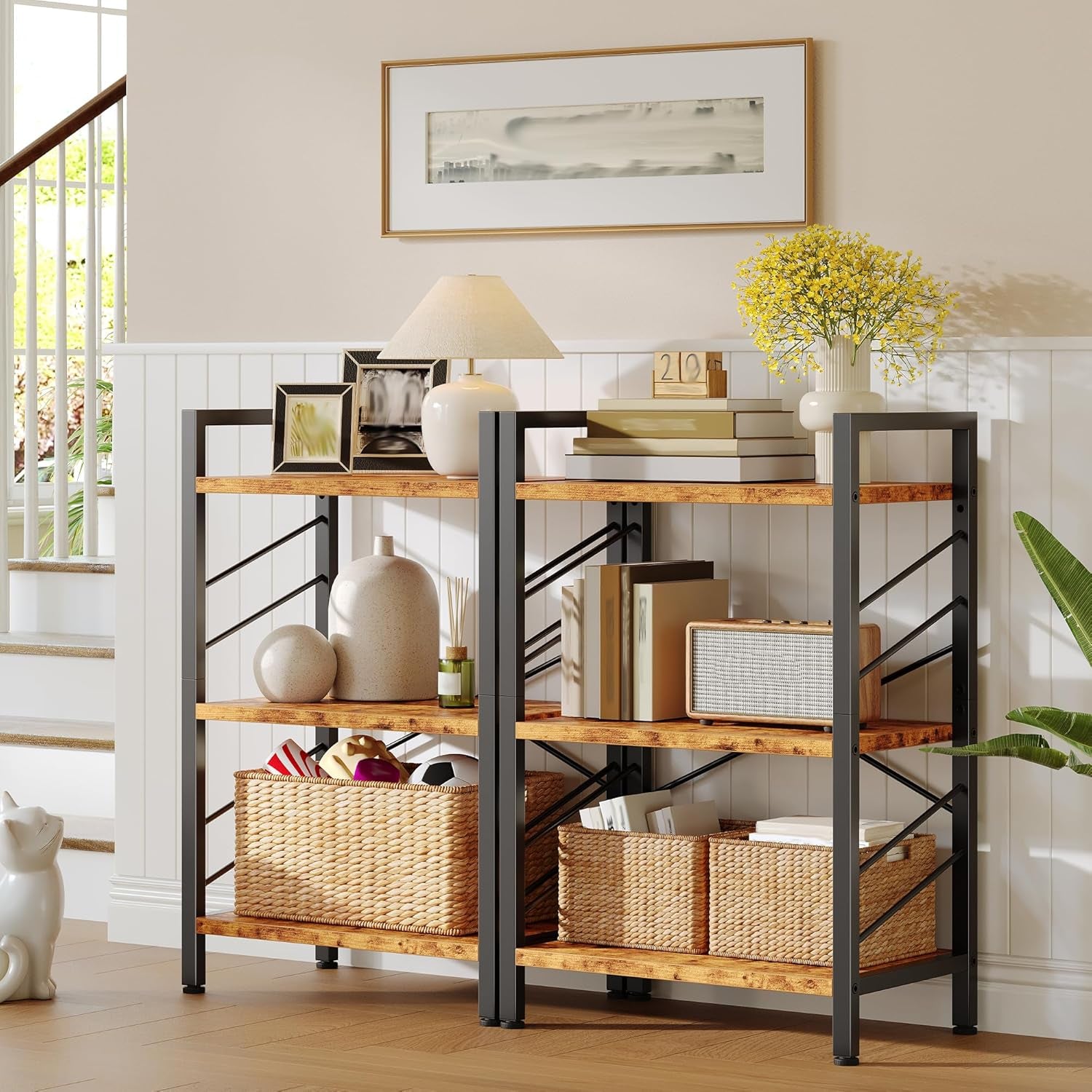 3 Tier Bookshelf, Industrial Bookcase with Metal Frame and Sidebars, Office Shelves for Small Spaces, Bedroom, Living Room, Rustic Brown