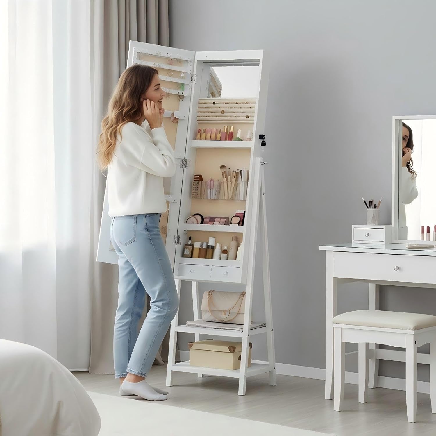 Standing Jewelry Cabinet with LED Lights, Jewelry Organizer with Storage Shelves, Full Length Mirrored Jewelry Armoire, Lockable Cosmetics Storage Cabinet, Makeup Brush Boxes, White