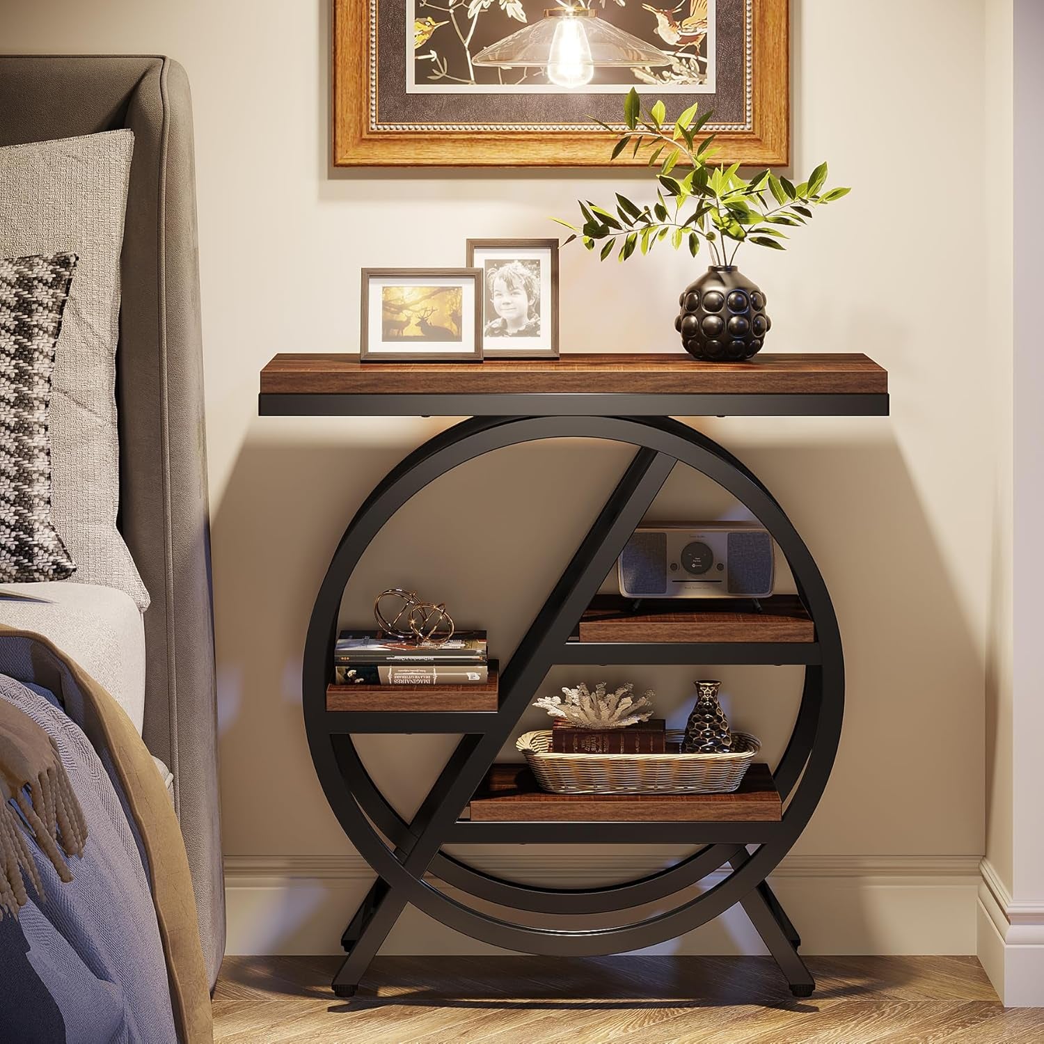 End Table for Living Room, 3-Tier Narrow Side Table with Storage, Wood Sofa Side Table with Geometric Metal Frame, Industrial Nightstand and Bedside Table for Bedroom
