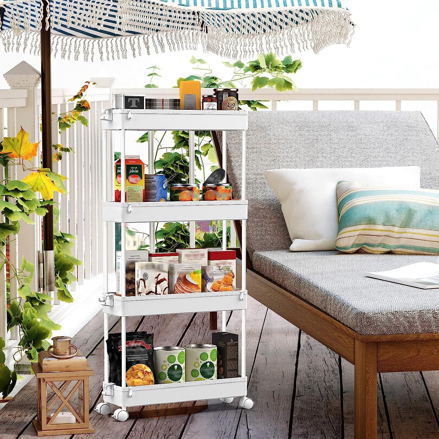 Slim Rolling Storage Cart 4 Tier Bathroom Organizer Mobile Shelving Unit Utility Cart Tower Rack for Kitchen Laundry Narrow Places, White