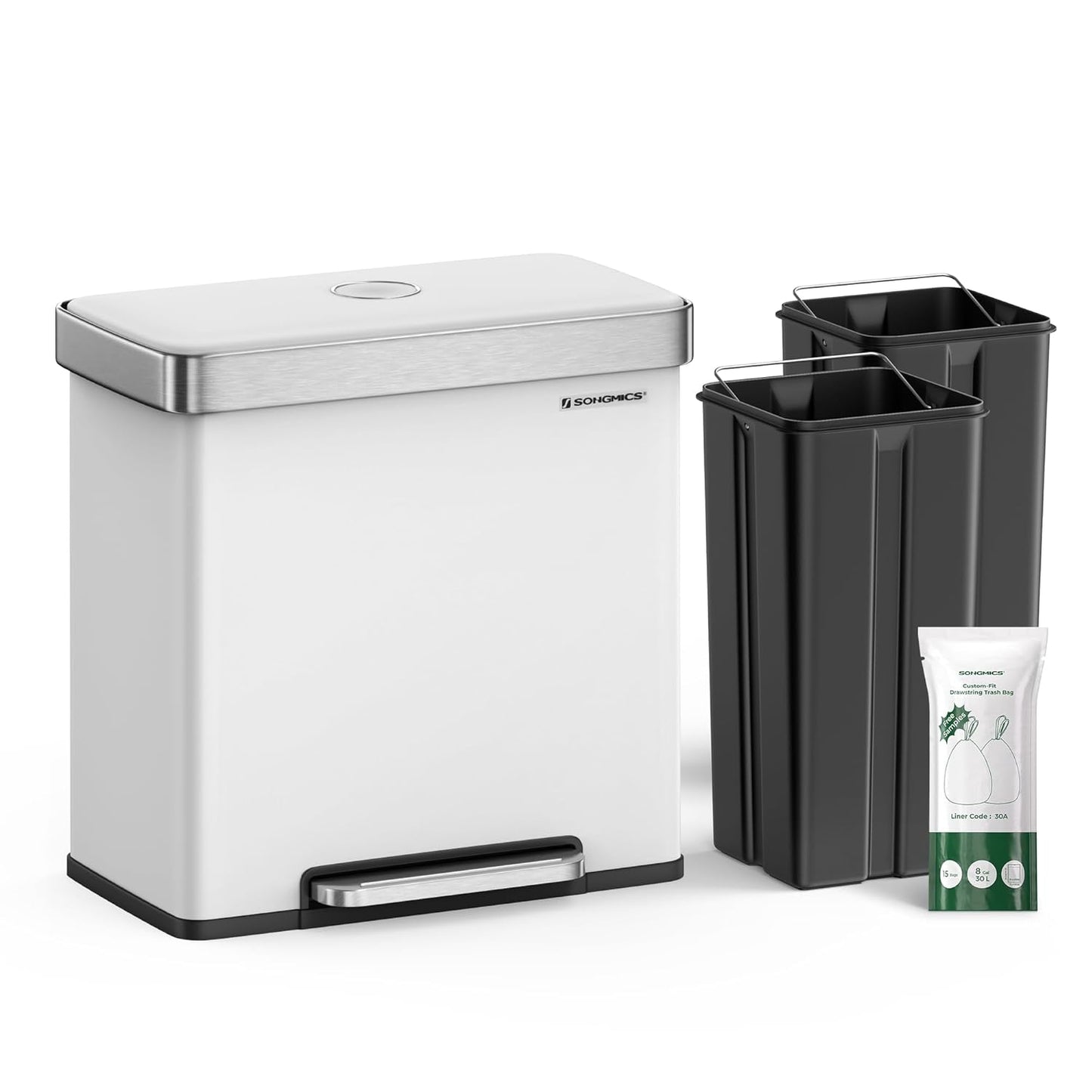 Kitchen Trash Can, 16 Gallon (2 X 8 Gallon) Dual Compartment Garbage Can, 60L Pedal Recycling Bin, Stays Open and Soft Close, Stainless Steel, 15 Bags Included, Metallic Silver ULTB202E01