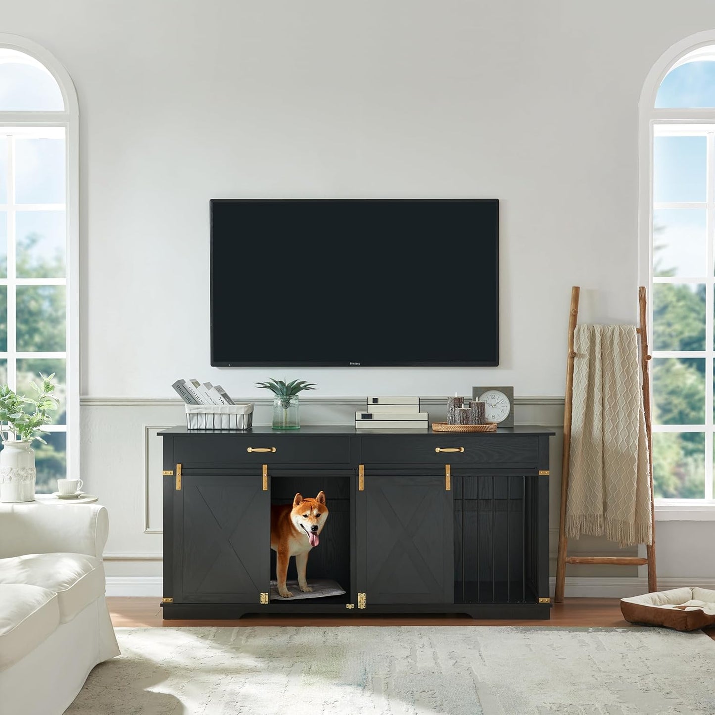 72.5" Extra Large Furniture Style Double Dog Crates for Large Breeds, XXL Wooden Dog Kennel Furniture with Drawers, Divider, Water Resistant & Barn Door for 2 Dogs, Black