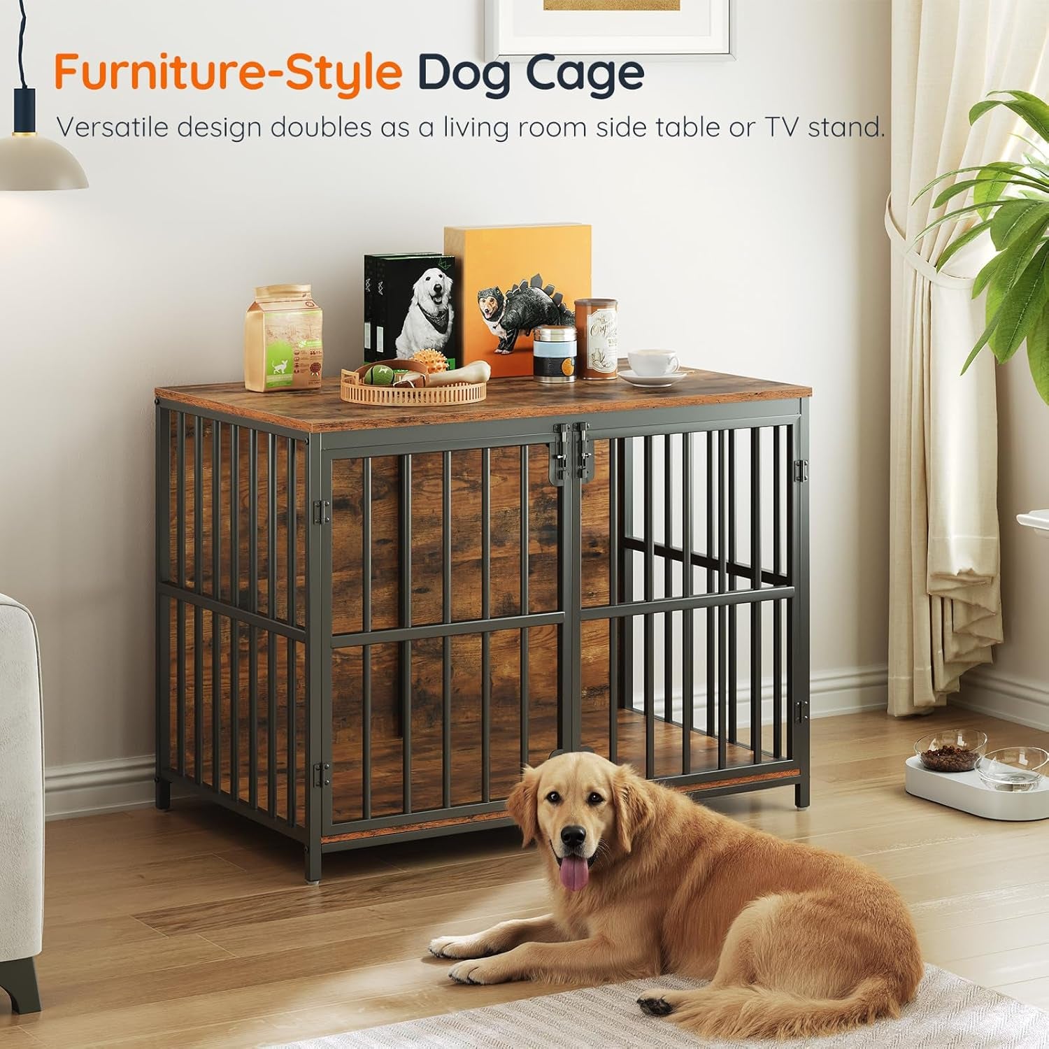 38.6" Dog Crate Furniture, Wooden Dog Kennel Indoor, Heavy Duty Dog Cage for Small/Medium Dog, Decorative Side End Table, Rustic Brown and Black BF100GW03