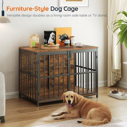 38.6" Dog Crate Furniture, Wooden Dog Kennel Indoor, Heavy Duty Dog Cage for Small/Medium Dog, Decorative Side End Table, White and Gold DW100GW03