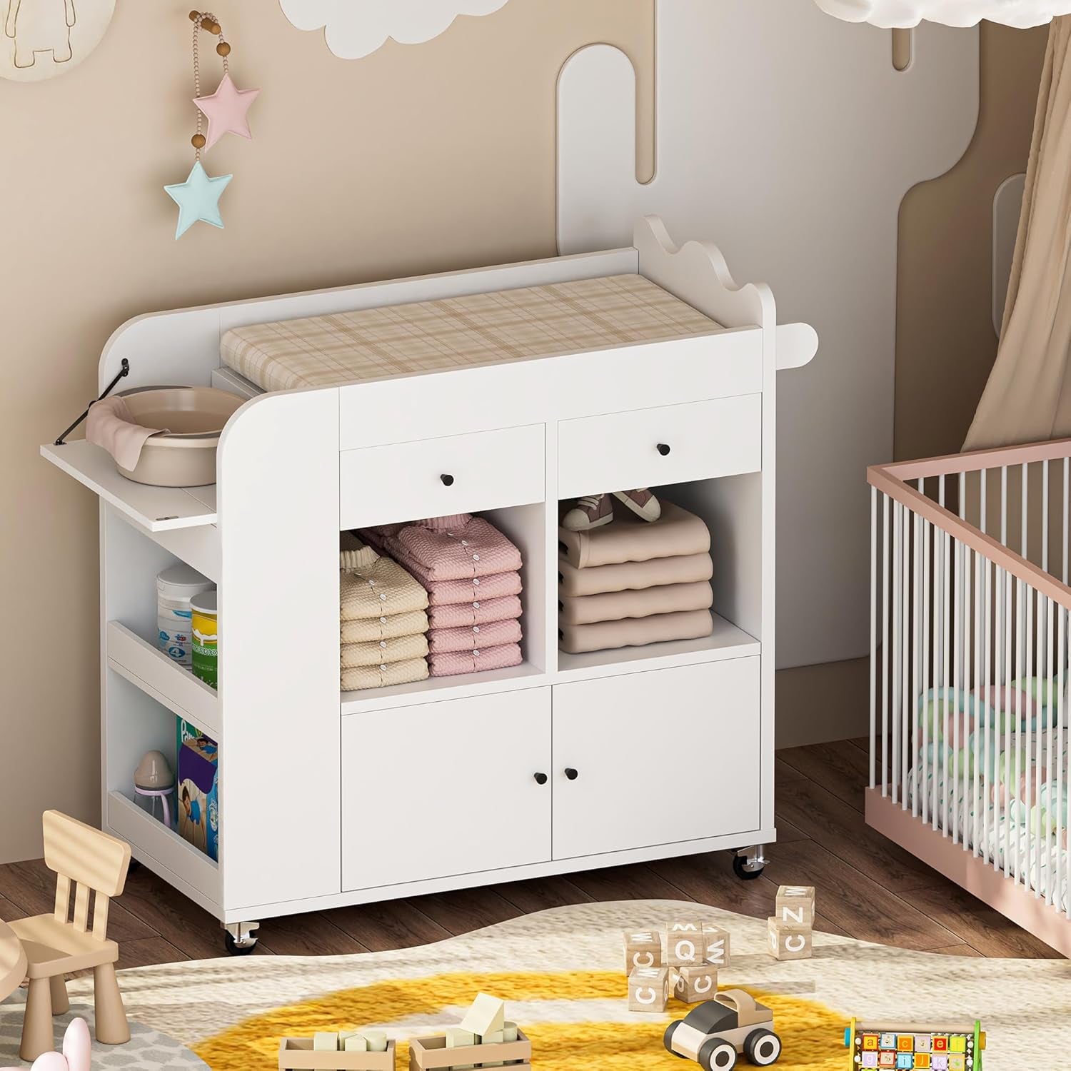 Baby Changing Table Top, 3 Drawers Nursery with 4 Open Cubbies, Rolling Chest with Wheels, 43" W X 19.5" D X 40" H