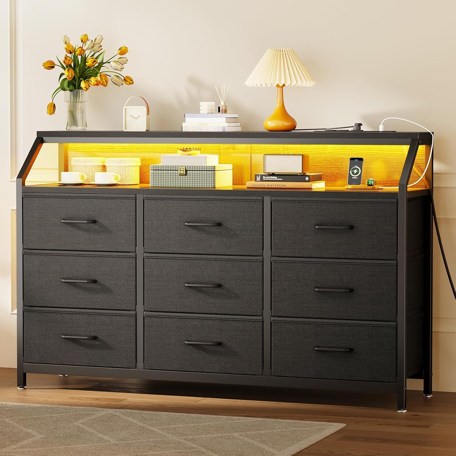 55" Wide 9-Drawer Dresser for Bedroom with LED Lights and Charging Station, Fabric Dressers & Storage Chest of Drawers with Shelves for Closet, Black