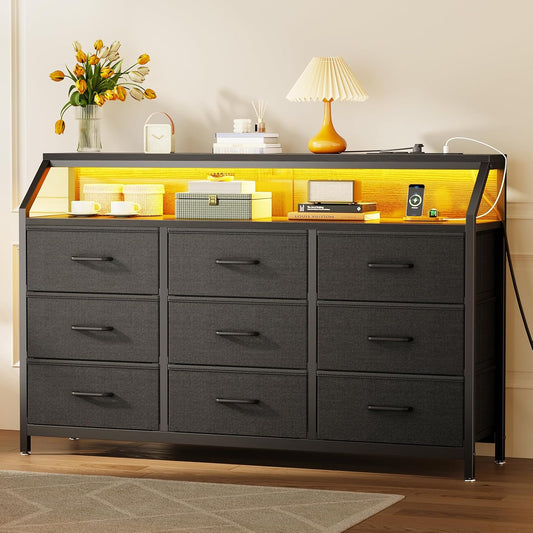 55" Wide 9-Drawer Dresser for Bedroom with LED Lights and Charging Station, Fabric Dressers & Storage Chest of Drawers with Shelves for Closet, Black