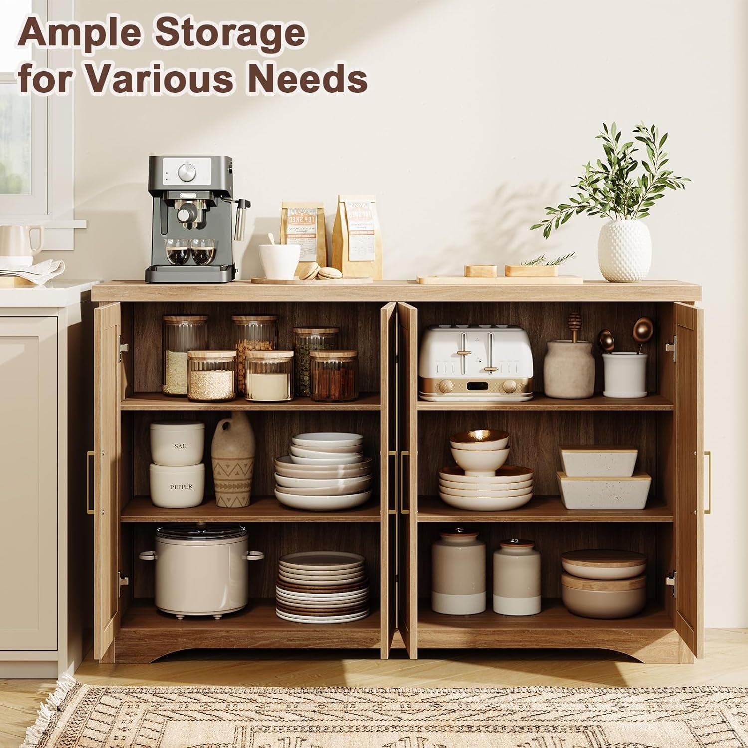 Fluted Buffet Cabinet with Storage Accent Sideboard,Modern Credenza with 4 Doors & Adjustable Shelves,Wood Coffee Bar Table Console for Dining Room Kitchen Living Room Entryway,Natural Oak