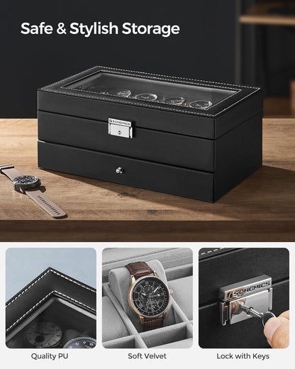 Watch Box, 12-Slot Watch Case Organizer with Large Glass Lid, 2 Layers, Removable Pillows, Metal Lock, Gift for Loved Ones, Black Synthetic Leather, Gray Lining UJWB012
