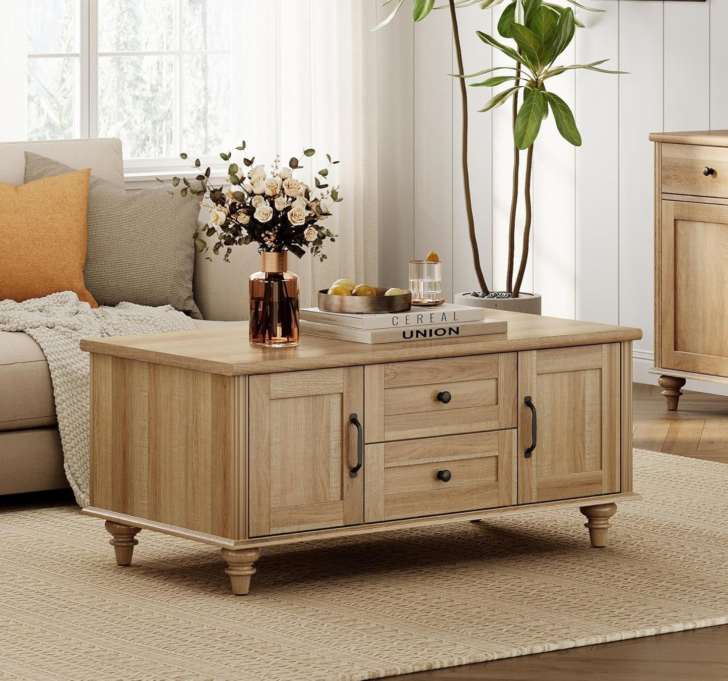 Farmhouse Coffee Table with Storage Cabinet, Wooden Coffee Tables for Living Room, Rustic Tea Table Rectangle Center Table with Drawers for Home, Oak