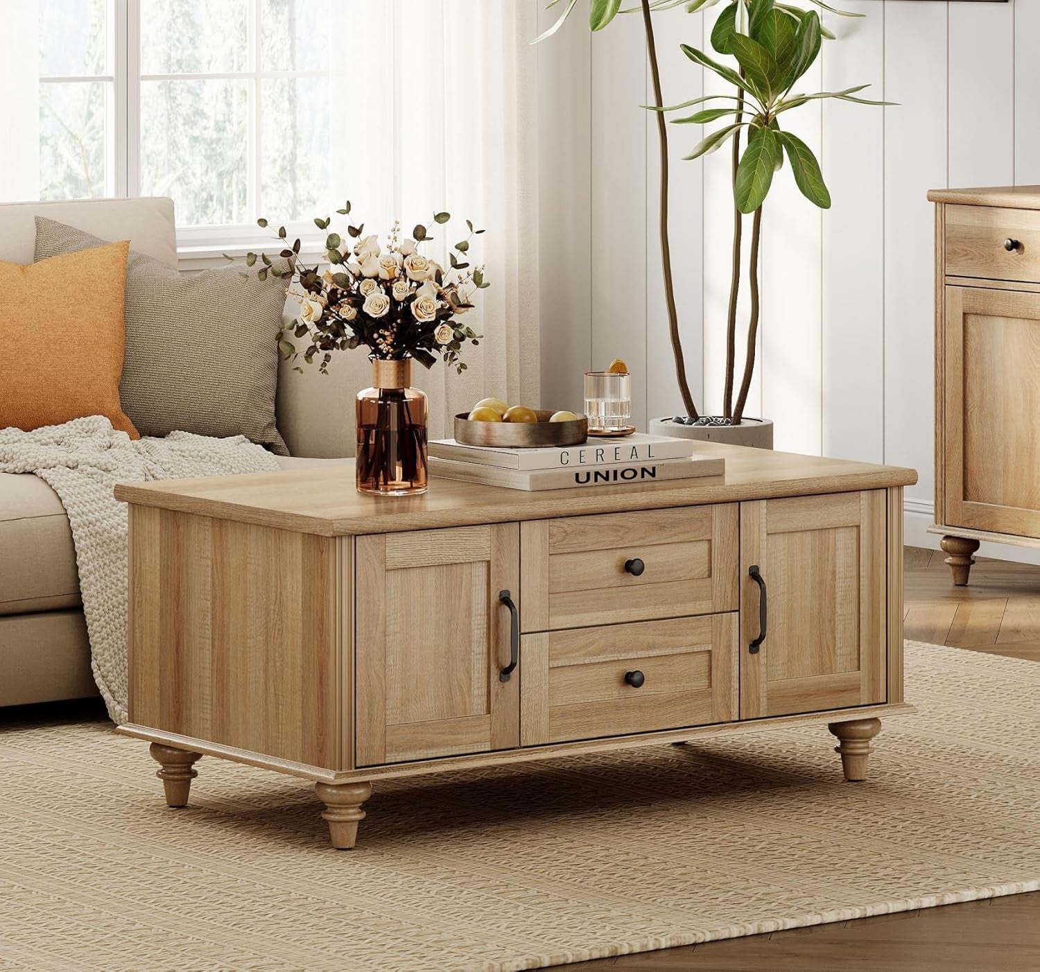 Farmhouse Coffee Table with Storage Cabinet, Wooden Coffee Tables for Living Room, Rustic Tea Table Rectangle Center Table with Drawers for Home, Oak