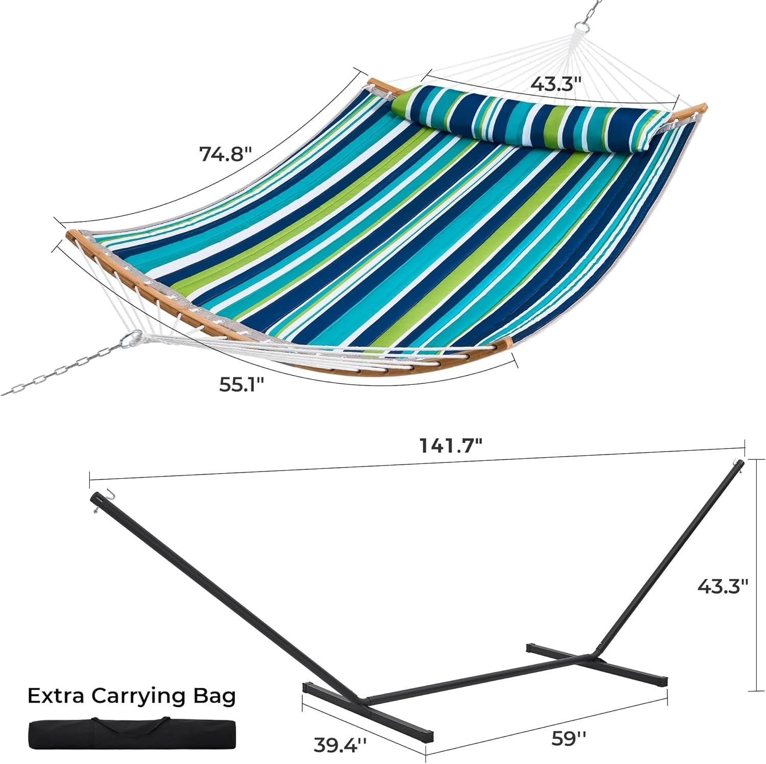 Hammock with Stand, 2 Person Heavy Duty Hammock with Padded Cotton, Detachable Pillow & Strong Curved-Bar & Portable Carrying Bag, Perfect for Outdoor & Indoor - Dark Cyan
