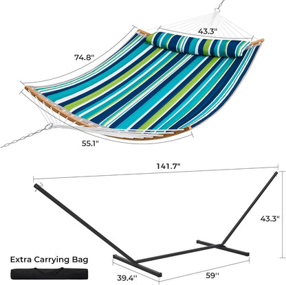 Hammock with Stand, 2 Person Heavy Duty Hammock with Padded Cotton, Detachable Pillow & Strong Curved-Bar & Portable Carrying Bag, Perfect for Outdoor & Indoor - Dark Cyan