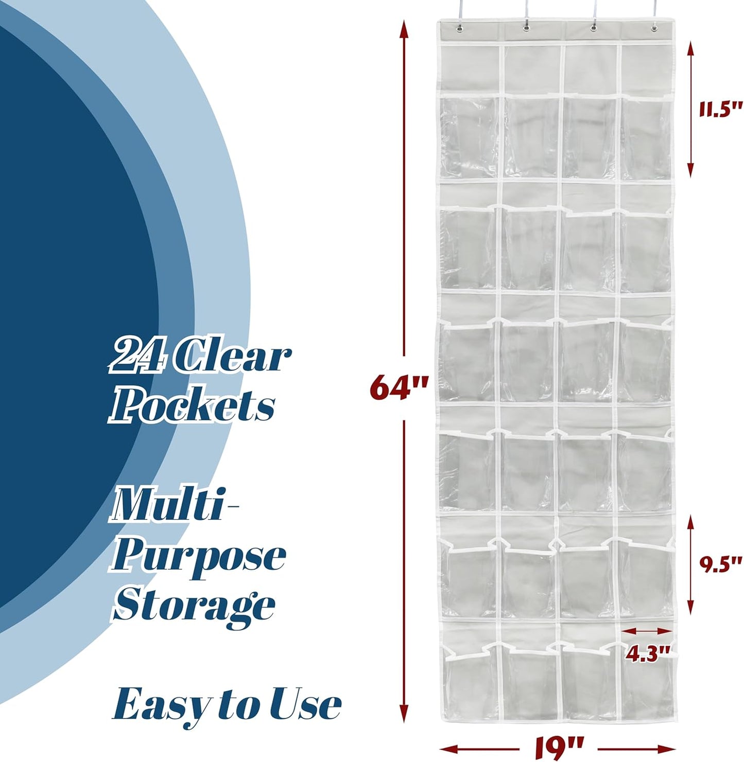 24 Pockets - Crystal Clear over the Door Hanging Shoe Organizer, Gray (64'' X 19'')