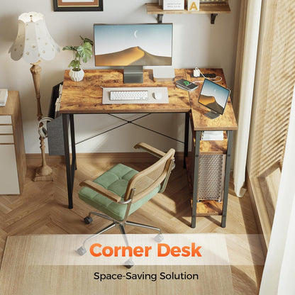 Small L Shaped Computer Desk with Power Outlets, Gaming Desk for Small Spaces, Corner Desk with Reversible Storage Shelves, Study Writing Table for Home Office