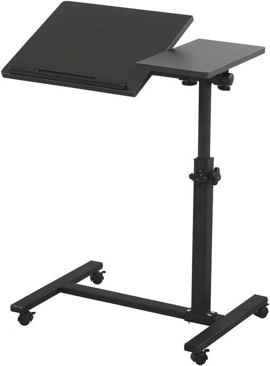 Overbed Bedside Desk Mobile Rolling Laptop Stand Tilting Overbed Table with Wheels Height Adjustable Tray Table for Laptop Bed Sofa Side Table (Black)