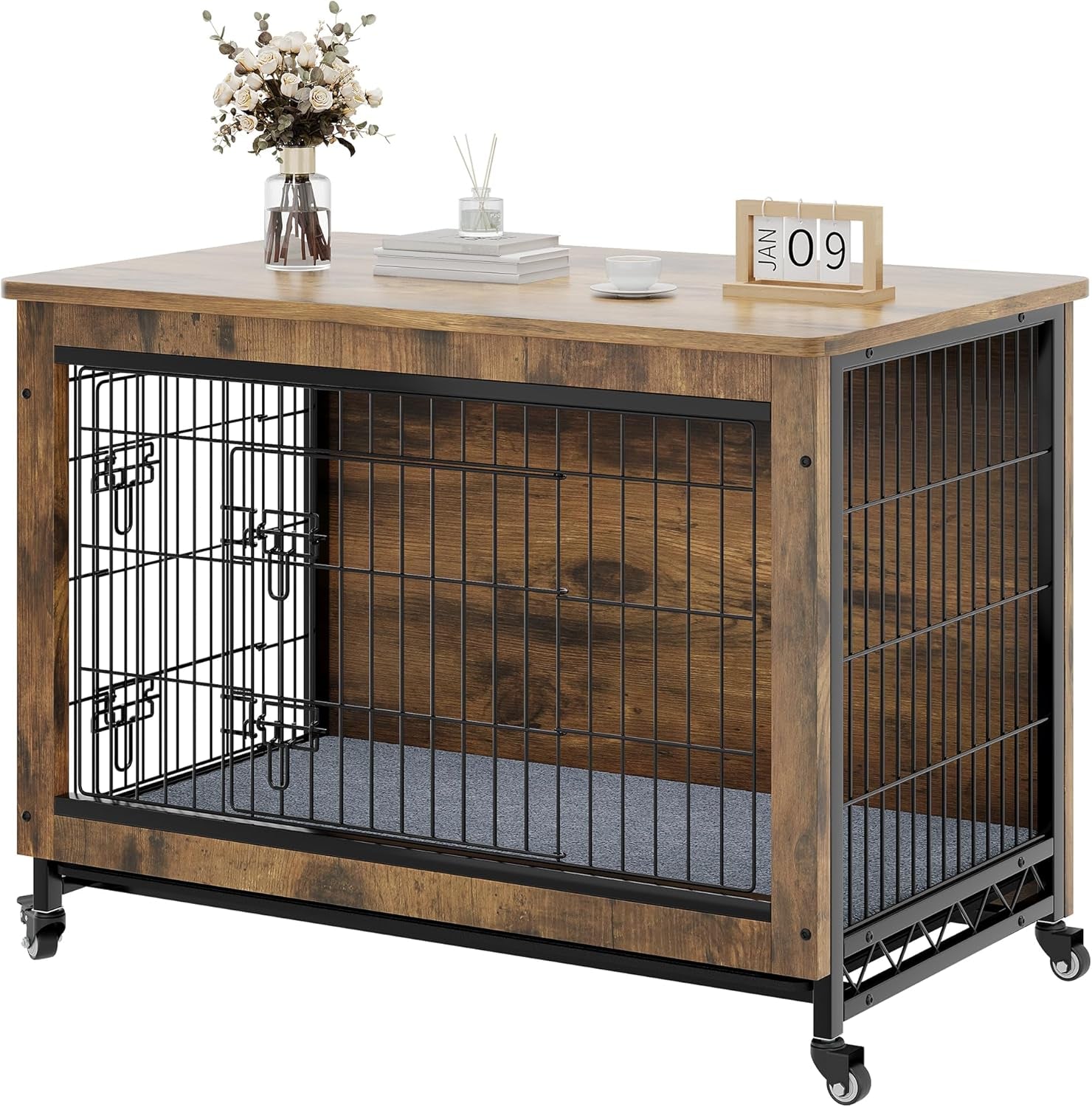 Dog Kennel Furniture with Wheels, Wooden Dog Crate Furniture with Cushion, 38" Dog Crate End Table with Tray for Small/Medium Dog (Rustic Brown)