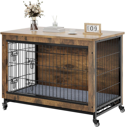 Dog Kennel Furniture with Wheels, Wooden Dog Crate Furniture with Cushion, 38" Dog Crate End Table with Tray for Small/Medium Dog (Rustic Brown)