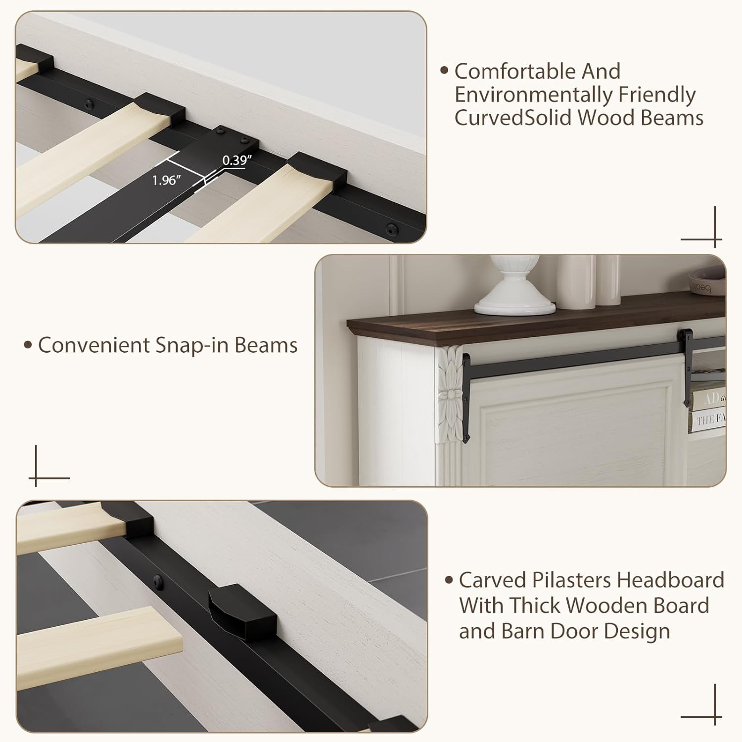 Farmhouse King Size Bed Frame with Storage Headboard, Charging Station, Bracket Footboard, Antique White Bed Frame with Bookcase and Sliding Barn Doors, Noiseless