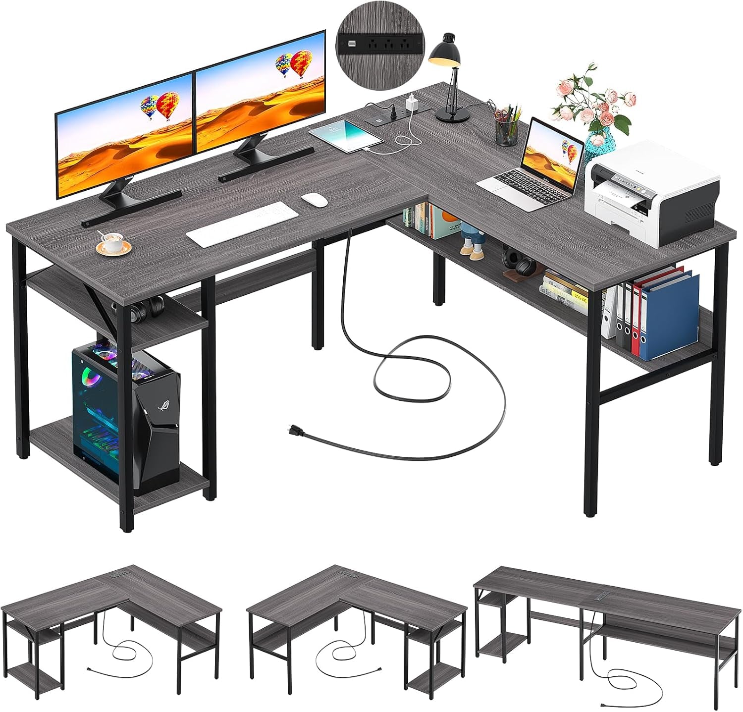 Reversible L Shaped Desk with Magic Power Outlets and USB Charging Ports, Sturdy Corner Computer Desk with Storage Shelves, Gaming Desk for Home Office, Easy to Assemble, Black Oak