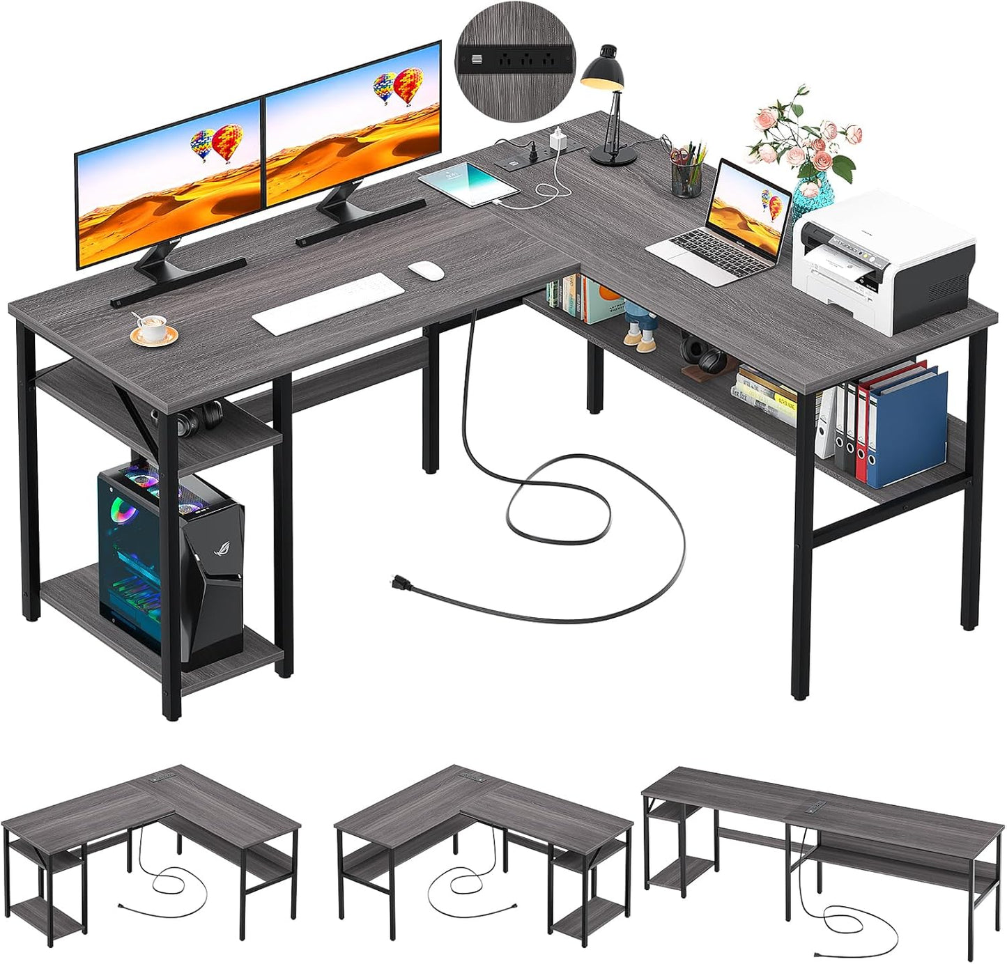 L Shaped Computer Desk with Magic Power Outlets and USB Charging Port, Sturdy Reversible Corner Desk with Storage Shelves, Modern Work Desk for Home Office, Easy to Assemble, Rustic Brown