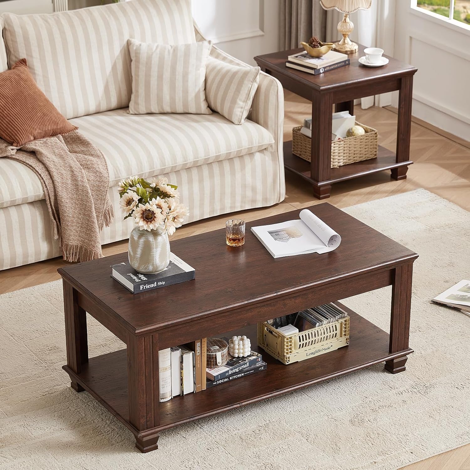 Farmhouse TV Stand and Coffee Table Set 4, Rustic Wood Living Room Table Set with TV Console, Center Table, End Table Set of 2 for Living Room, Walnut