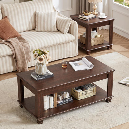 Farmhouse TV Stand and Coffee Table Set 4, Rustic Wood Living Room Table Set with TV Console, Center Table, End Table Set of 2 for Living Room, Walnut