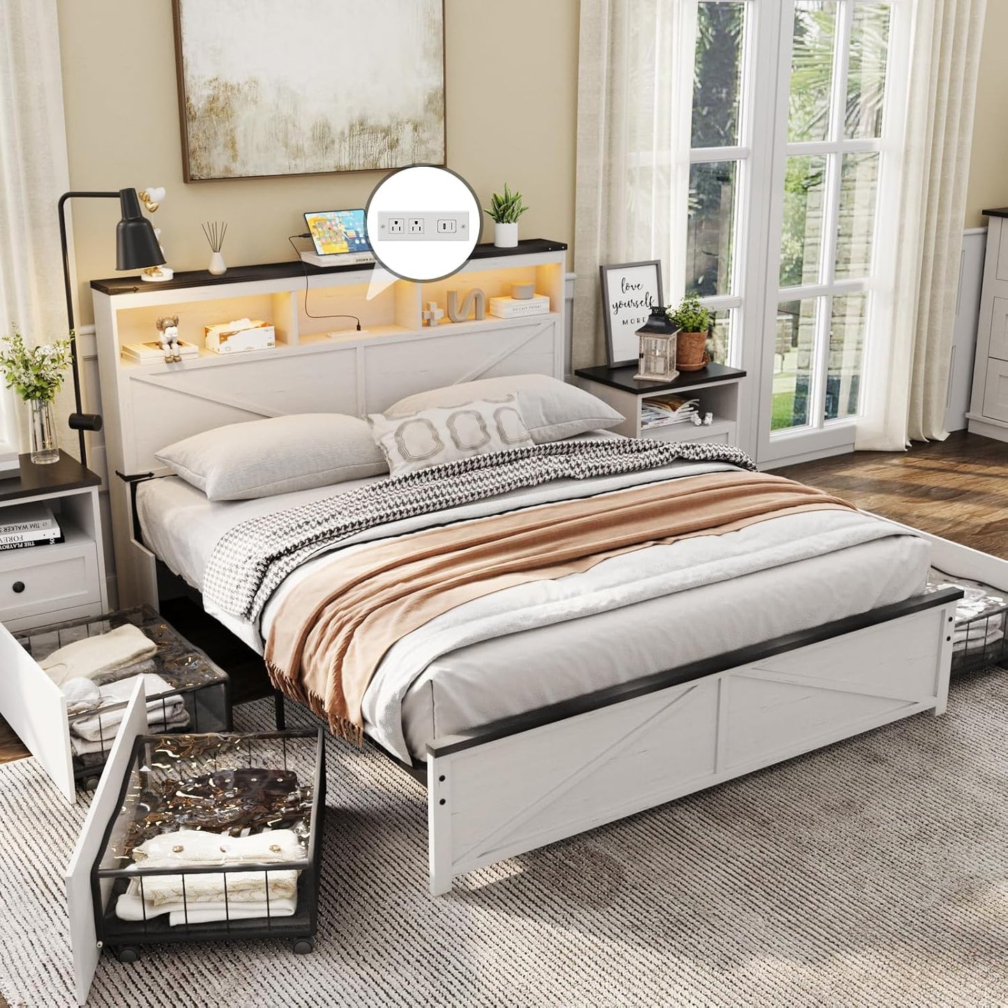 Farmhouse Queen Size Bed Frame with 48" Tall Storage Headboard, Wood Bedroom Platform Bed Frame No Box Spring Needed, 4 Storage Drawers Underneath, Adjustable LED Lights, Charging Station