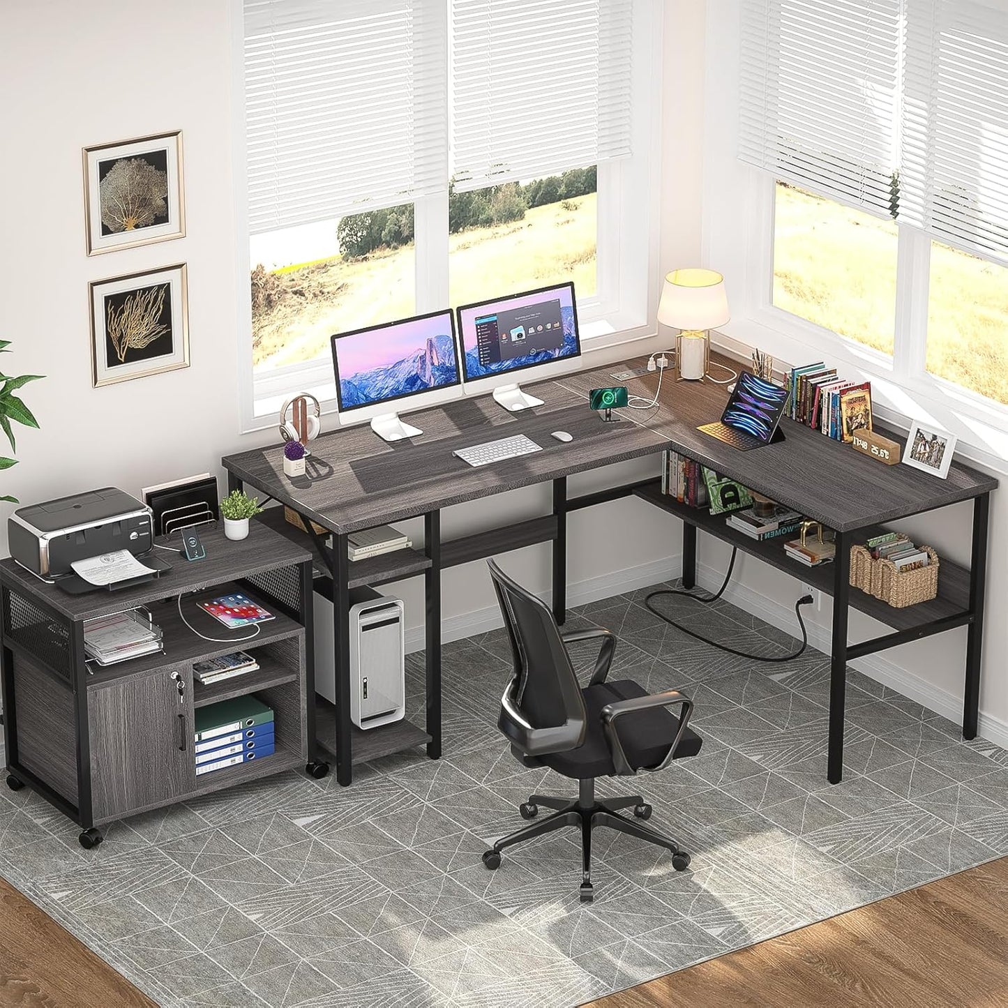 Reversible L Shaped Desk with Magic Power Outlets and USB Charging Ports, Sturdy Corner Computer Desk with Storage Shelves, Gaming Table Home Office Desk, Easy to Assemble, Enoch Walnut