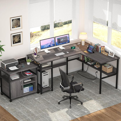 Reversible L Shaped Desk with Magic Power Outlets and USB Charging Ports, Sturdy Corner Computer Desk with Storage Shelves, Gaming Desk for Home Office, Easy to Assemble, Black Oak