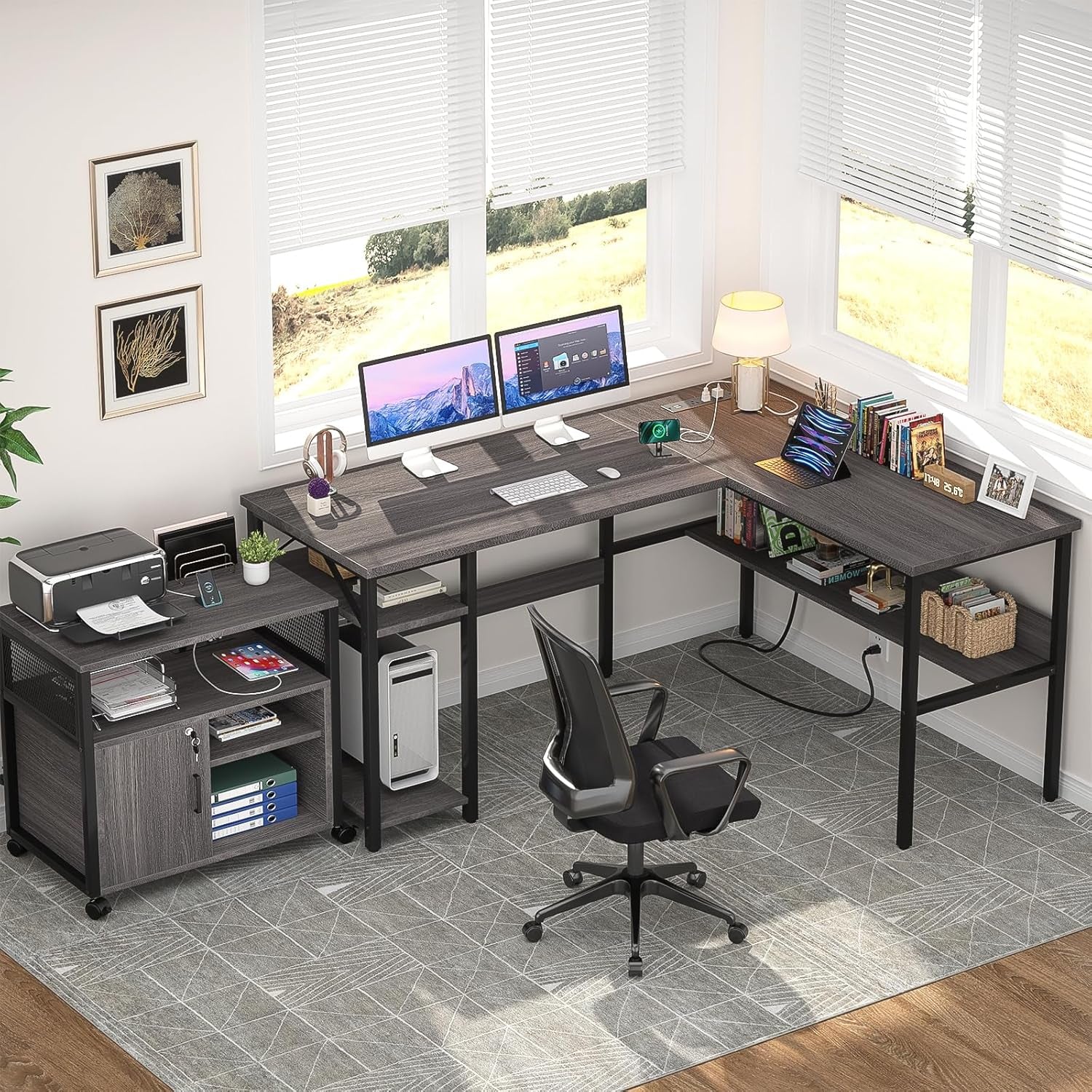 L Shaped Desk with LED Light and Power Outlet, Reversible Corner Computer Table with Monitor Stand and Storage Shelf, Modern L- Shaped Gaming Desk, Ergonomic Home Office Desk, Rustic Brown