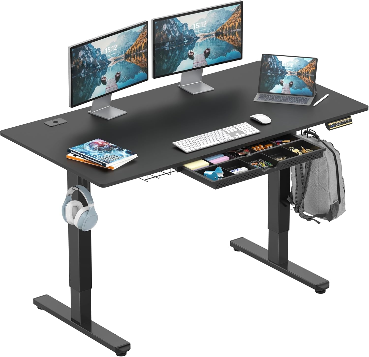 55 X 28 Inches Electric Height Adjustable Standing Desk with Drawer and Memory Preset, Black