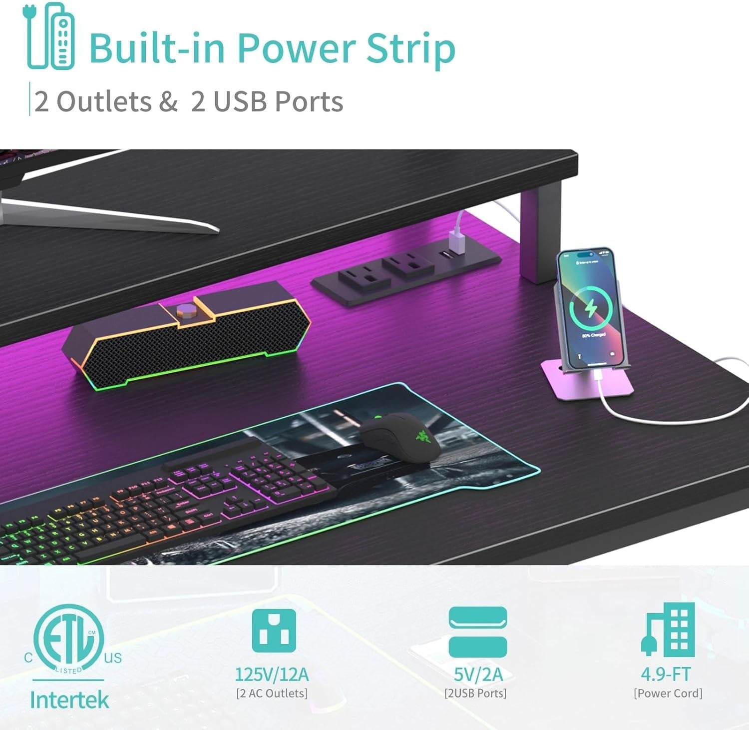 Small Desk with Power Outlets and LED Lights, 32 Inch Teen Writing Study Table Home Office Computer Desks with Monitor Stand, Gaming Desk with Charging Station, Black