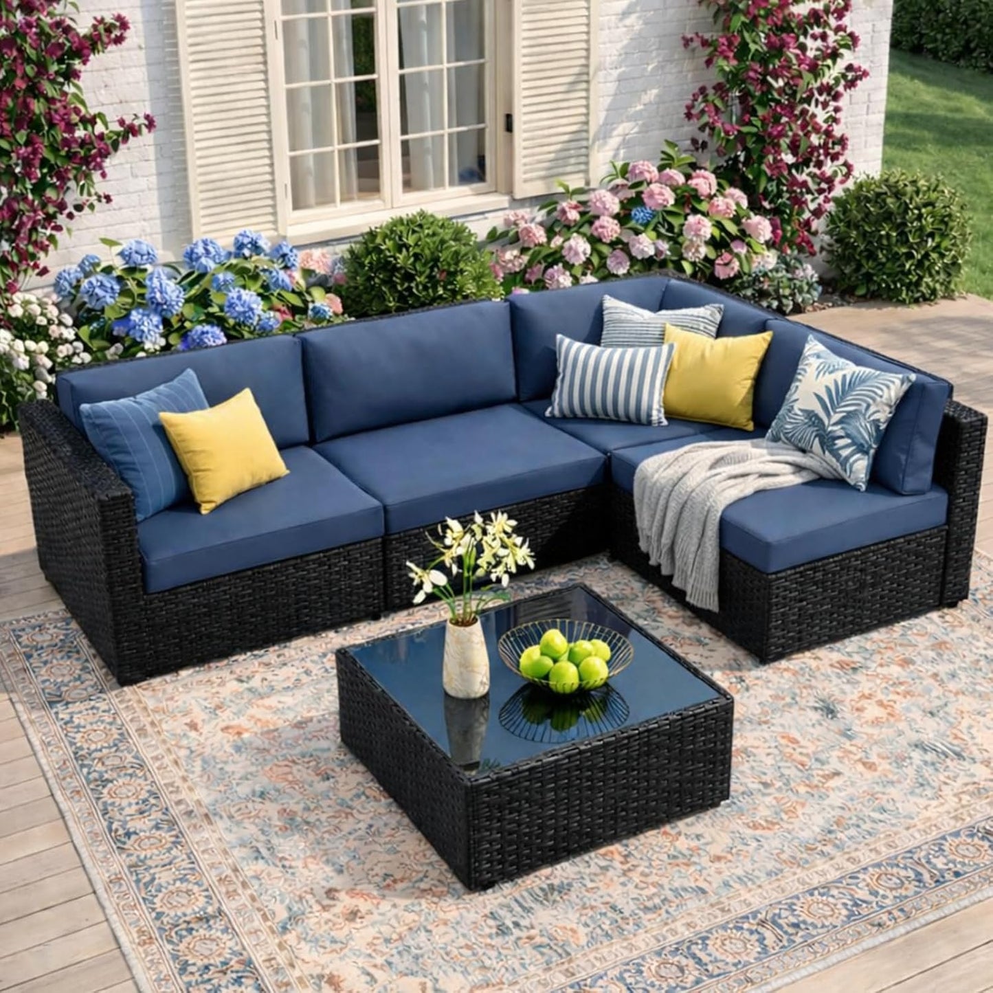 Patio Furniture Sets, 5-Piece Outdoor Patio Furniture with Thick Cushions, Wicker Outdoor Conversation Set Sectional Sofa for Backyard, Poolside, Garden, Aegean Blue