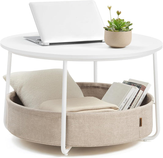 Coffee Table with Storage, round Center Table for Living Room with Fabric Basket, Modern Style, Metal Frame, Matte White and Camel Brown ULCT244W10