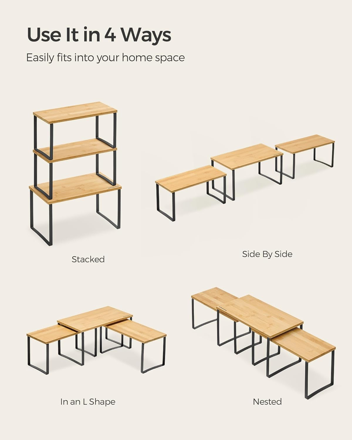 Cabinet Organizer Shelf, Set of 3 Kitchen Counter Shelves, Kitchen Storage, Spice Rack, Stackable, Expandable, Ink Black and Natural Beige UKCS014B01